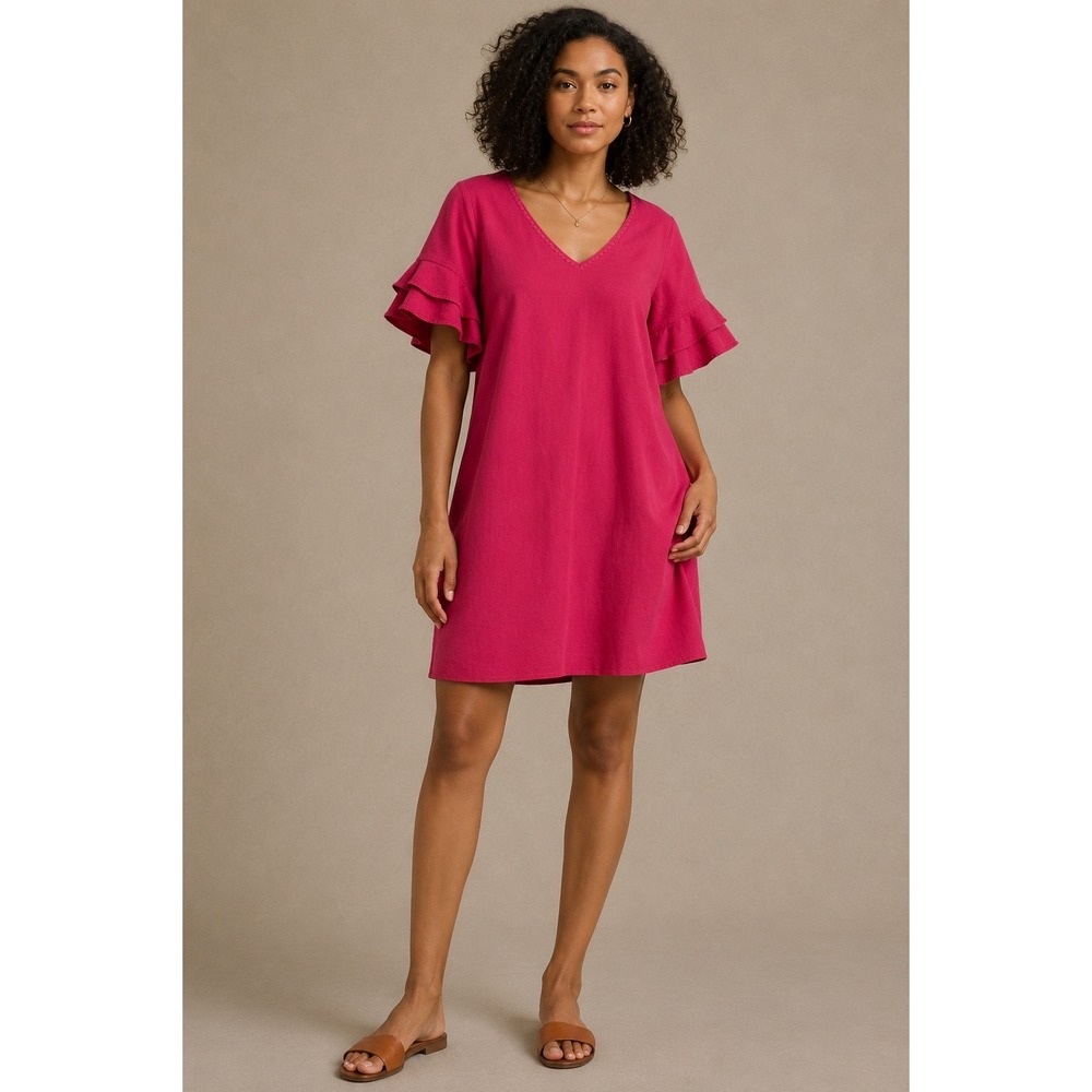Tommy Bahama Women Pink Tencel Cotton Ruffle Sleeve V-Neck Shift Dress Medium
